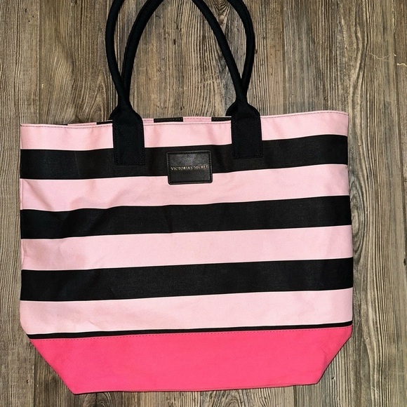 New Victoria Secrets Large Canvas Striped Shoulder Beach Bag - Picture 1 of 8